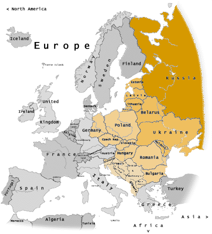 Map of Europe showing the pre-1989 division: the Eastern Bloc and Soviet Union in orange, the West in grey, overlaid on current borders.