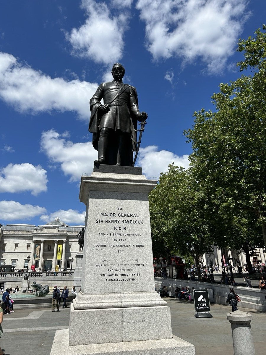 Bronze statue of Major General Sir Henry Havelock on a granite pedestal inscribed To Major General Sir Henry Havelock K.C.B., Trafalgar Square, London.